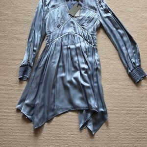 All Saints Steel Blue Satin V-Neck Long Sleeve Dress